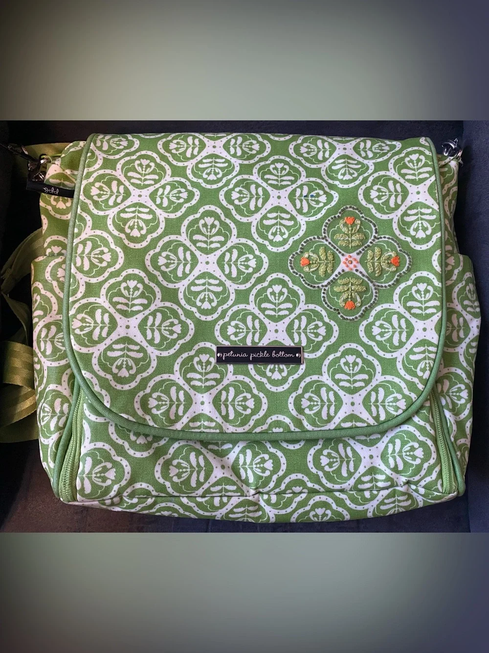 Petunia Pickle Bottom Green and White Patterned Baby Bag